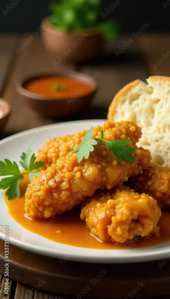 Golden fried chicken, curry sauce, soft bread, garlic, flour Golden fried chicken, curry sauce, soft bread, garlic, flour