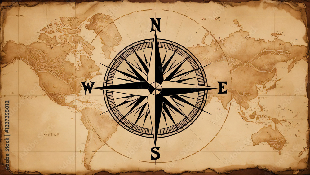 Fototapeta premium Old World Map with Compass Rose