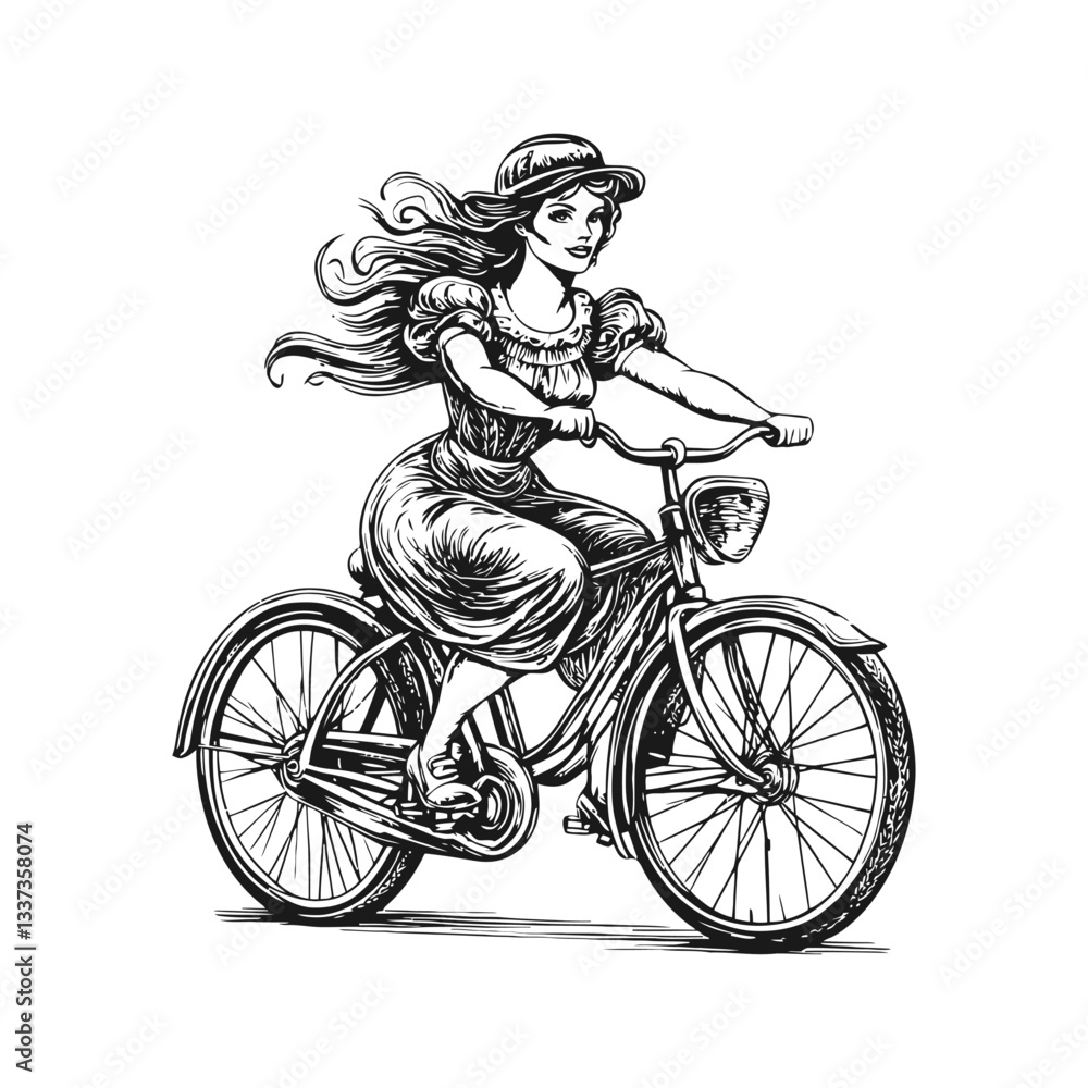 Obraz premium Vintage Engraving of Young Girl Riding Bicycle in Classic Dress