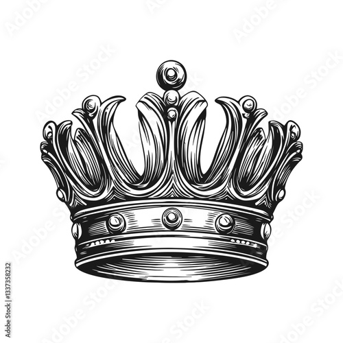 Ornate Vintage Crown Engraving in Black and White Design