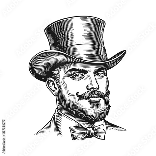 Vintage Engraving of a Man with a Top Hat and Mustache