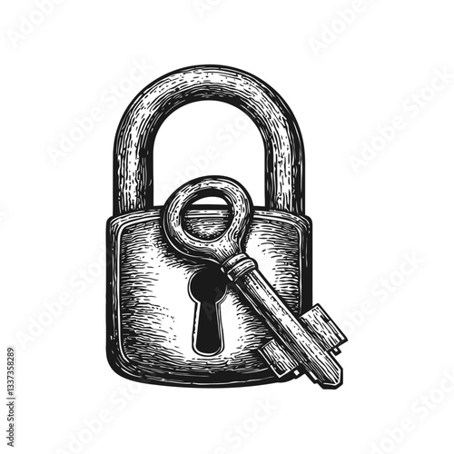 Vintage Engraving of a Lock and Key Illustrating Security Concepts
