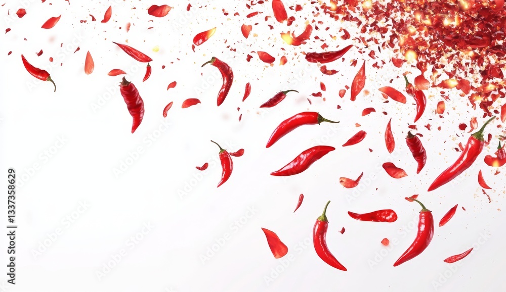 Red chili peppers and petals in a dynamic explosion on a white background Red chili peppers and petals in a dynamic explosion on a white background