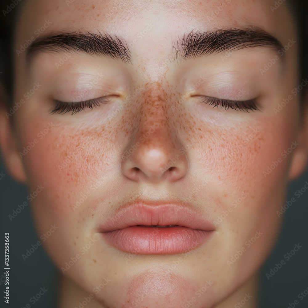 Obraz premium Serene close-up portrait of a woman with freckles and closed eyes