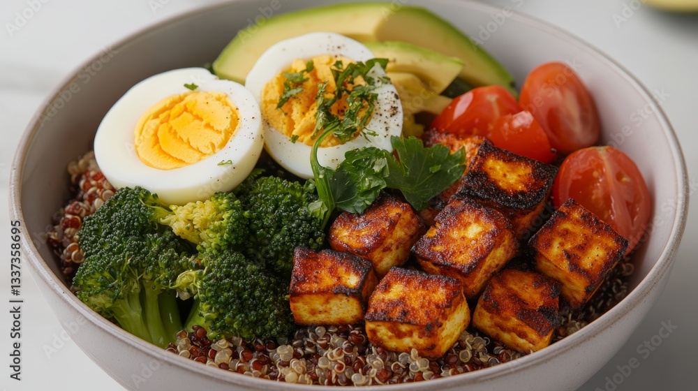 Healthy bowl filled with quinoa, broccoli, avocado, cherry tomatoes, hard-boiled eggs, and grilled paneer cheese prepared for a nutritious meal Healthy bowl filled with quinoa, broccoli, avocado, cherry tomatoes, hard-boiled eggs, and grilled paneer cheese prepared for a nutritious meal