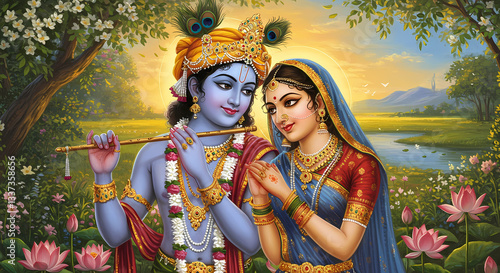 Krishna and Radha Embrace in a Lush Garden at Sunrise