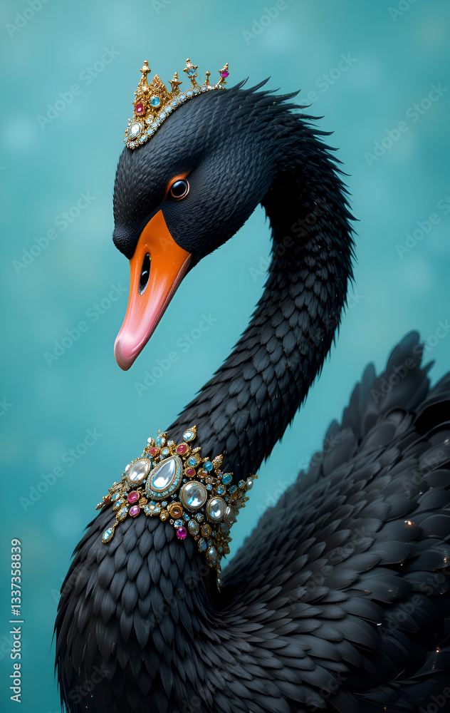 amazing portrait of beautiful black swan in diamond presious necklace and crown posing against turquois background . Digital art. Ai generated