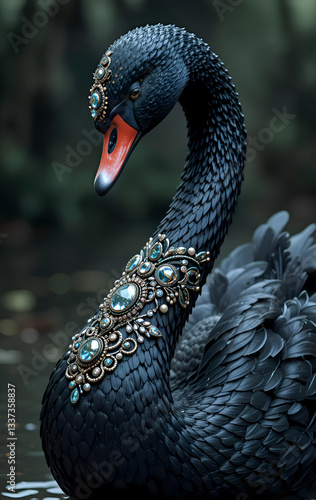 Obraz na płótnie portrait of beautiful black swan in diamond presious necklace posing against lake. Digital art. Ai generated w salonie