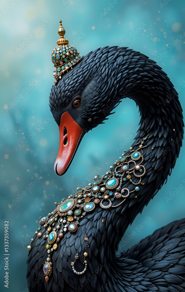 amazing portrait of beautiful black swan in diamond presious necklace and crown posing against turquois background . Digital art. Ai generated