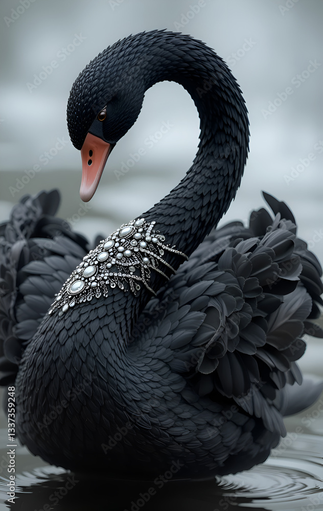 portrait of beautiful black swan in diamond presious necklace posing against lake. Digital art. Ai generated