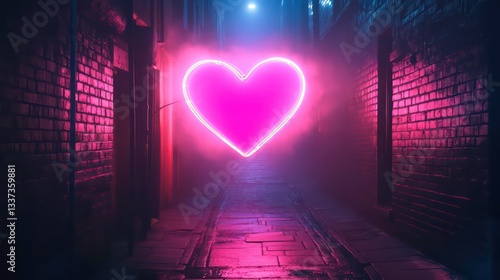 A bright neon heart lit up at night in a foggy city alley creates a romantic atmosphere for Valentine's Day
