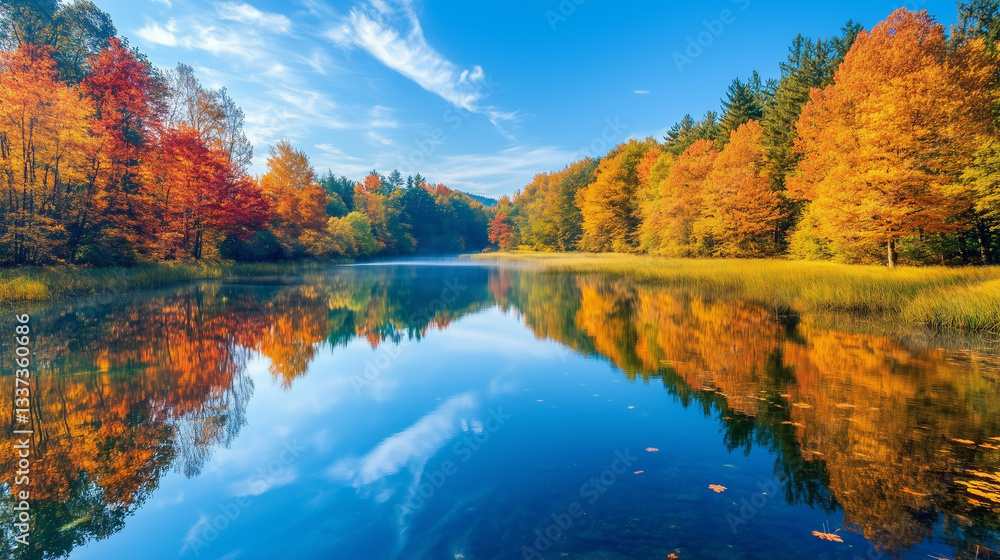 Crystal mirror-like lake reflecting vibrant autumn trees and rich fall colors in serene harmony naturally Crystal mirror-like lake reflecting vibrant autumn trees and rich fall colors in serene harmony naturally