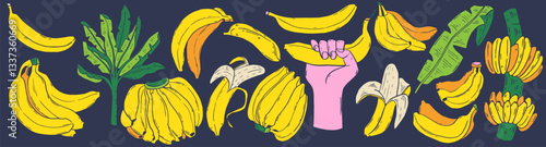 Fresh Banana bundle. Tropical fruits hand drawn bright elements. Summer food with palm and leaves. Botanical set. Cartoon illustration of fruit mix, harvest in doodle retro style