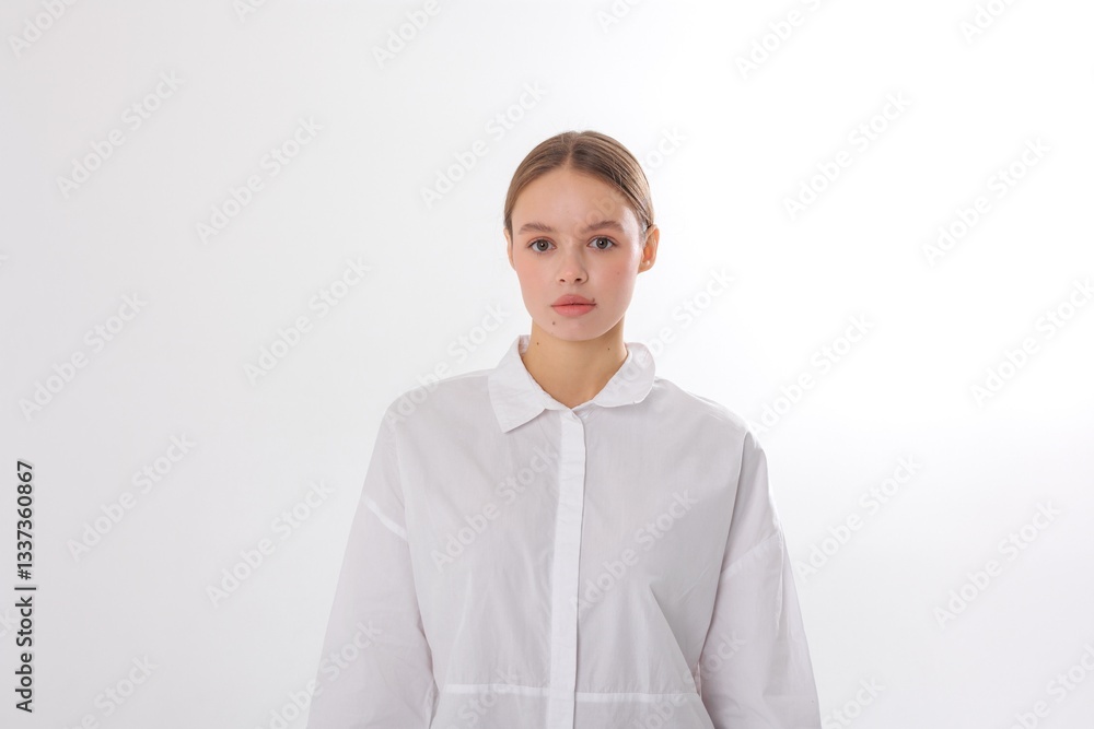 Young woman in a minimalistic studio wearing a white shirt and showcasing a natural look during a portrait session Young woman in a minimalistic studio wearing a white shirt and showcasing a natural look during a portrait session