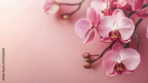 Delicate pink soft background featuring orchid flowers Floral greeting card spring concept with Copy space
