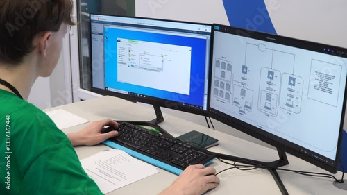 Wallpaper Mural a person in an office works at a computer in the field of programming and IT technology. Protection against spam and hackers Torontodigital.ca