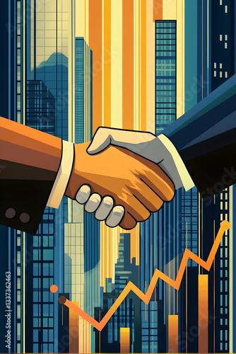 Successful business merger handshake with upward graphs symbolizing growth and teamwork in a corporate cityscape