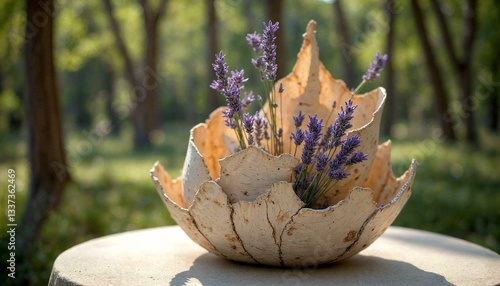 Lavender Flowers in Ceramic Bowl Amidst Forest Serenity