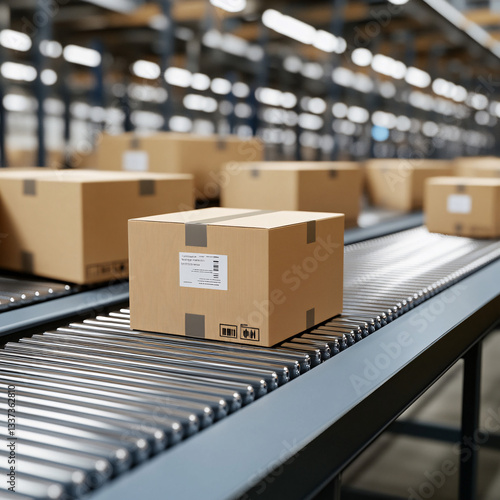 A close-up of labeled cardboard packages moving along a conveyor belt in a well-lit warehouse with a blurred background
