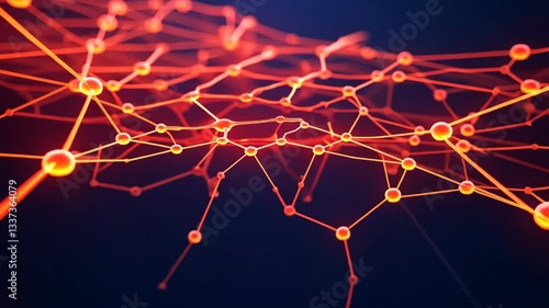 Glowing Network of Interconnected Nodes and Lines Vibrant, Futuristic Web of Digital Technology with Bright Red and Orange Hues Against Dark Background, Showcasing Neural Connections and Synapses