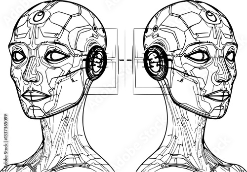 Outline of an AI-powered digital twin minimal futuristic simulation technology vector illustration.