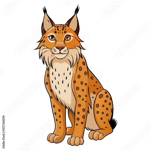 an illustrated lynx sitting, with a captivating gaze. Its fur displays intricate patterns and pointed ears