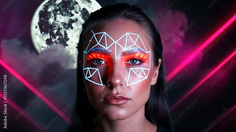 Futuristic neon makeup with digital art in lunar background with laser lights Futuristic neon makeup with digital art in lunar background with laser lights