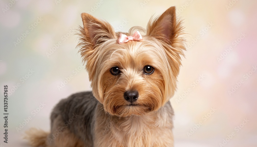 A charming Yorkshire Terrier with a silky coat and a pink bow on its head, posing against a soft pastel background. A charming Yorkshire Terrier with a silky coat and a pink bow on its head, posing against a soft pastel background.