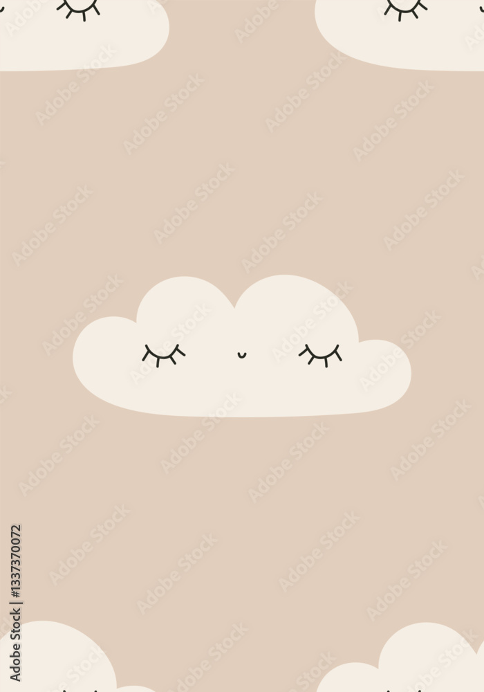 A minimalist poster featuring a cute cloud with closed eyes, rosy cheeks, and a sweet smile on a soft beige background. Perfect for a nursesy A minimalist poster featuring a cute cloud with closed eyes, rosy cheeks, and a sweet smile on a soft beige background. Perfect for a nursesy