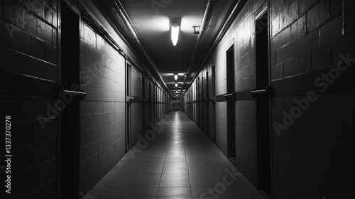 Haunting prison corridor featuring dim  lonely hallway with vacant solitary cells evoking grim desolation profoundly