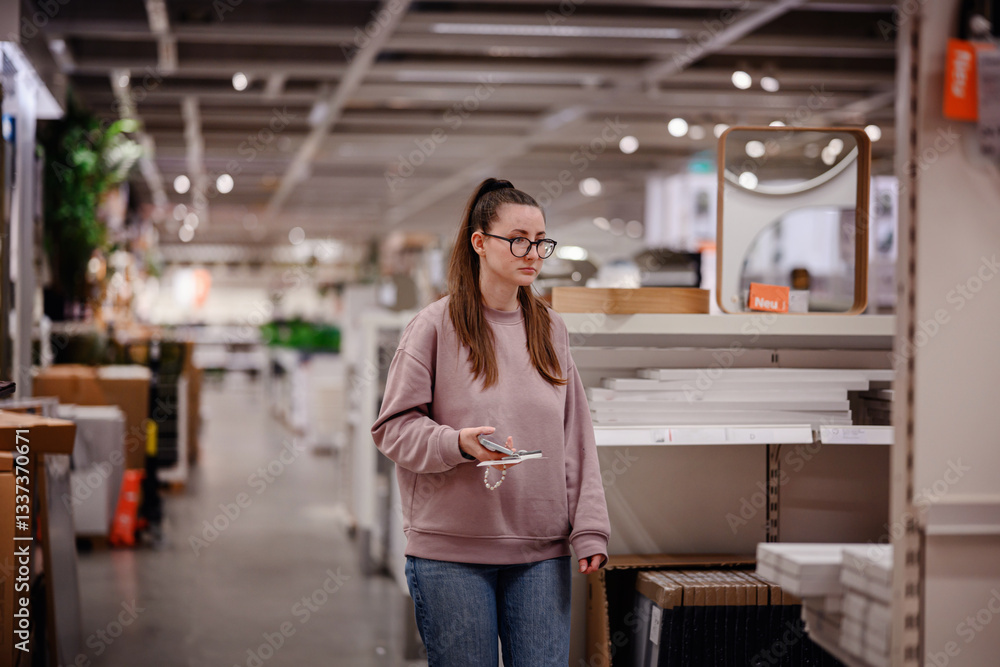 Fototapeta premium Woman Shopping for Home Decor and Storage Items