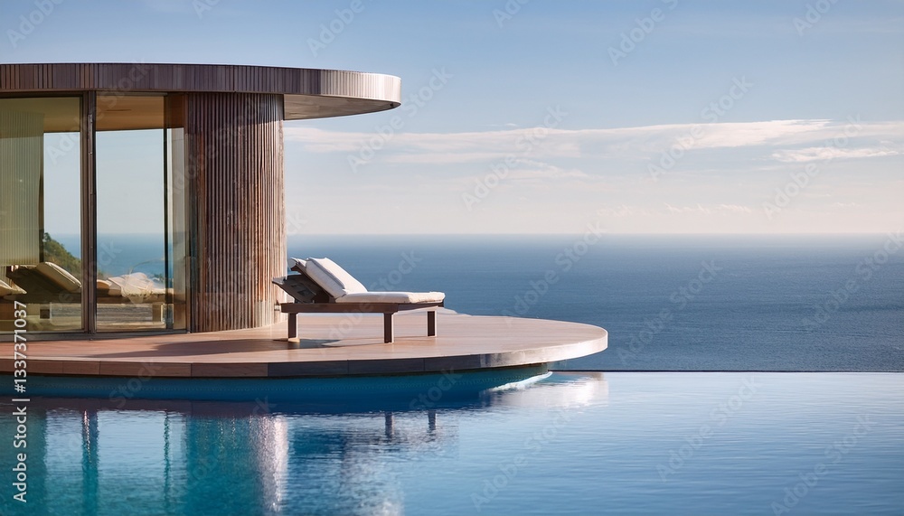 Naklejka premium 탁 트인 바다 전망을 배경으로 인피니티 풀이 조용히 반짝인다 