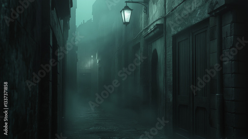 Haunting Foggy Alley With Dark Walls And Doors  Exuding Eerie Urban Mystery And Timeless Decay