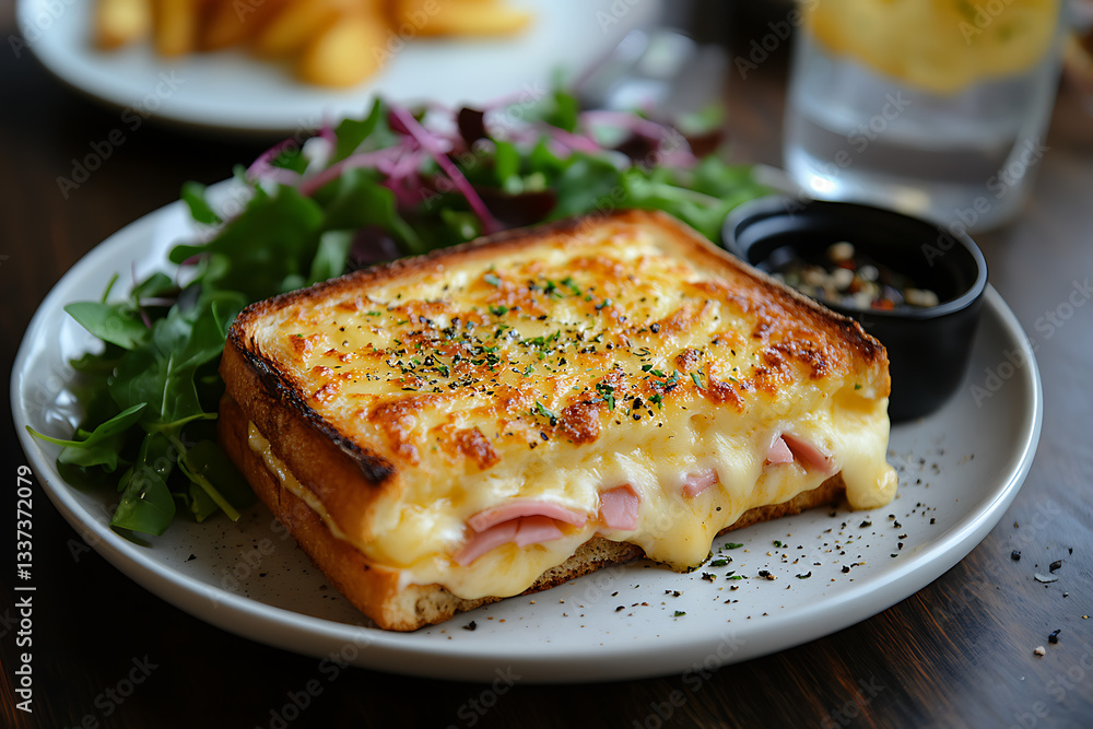 The image shows a deliciously golden-brown French croque monsieur served on a plate. The sandwich is filled with layers of melted cheese and ham, with the cheese oozing out from the sides. It is garni The image shows a deliciously golden-brown French croque monsieur served on a plate. The sandwich is filled with layers of melted cheese and ham, with the cheese oozing out from the sides. It is garni