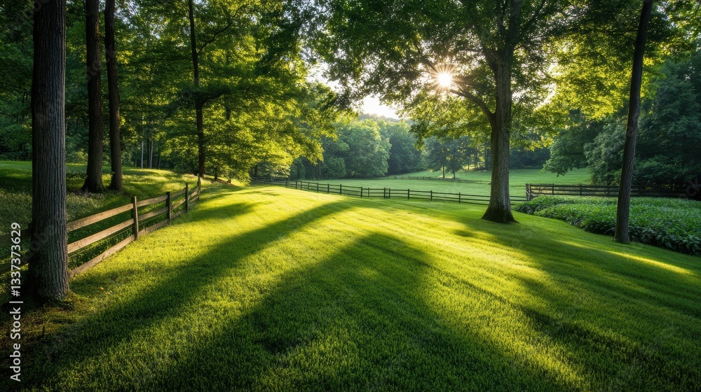 Fototapeta premium A serene landscape featuring lush green grass, tall trees, and a wooden fence, illuminated by warm sunlight filtering through the leaves, Ideal for nature themes, relaxation, or outdoor activities,