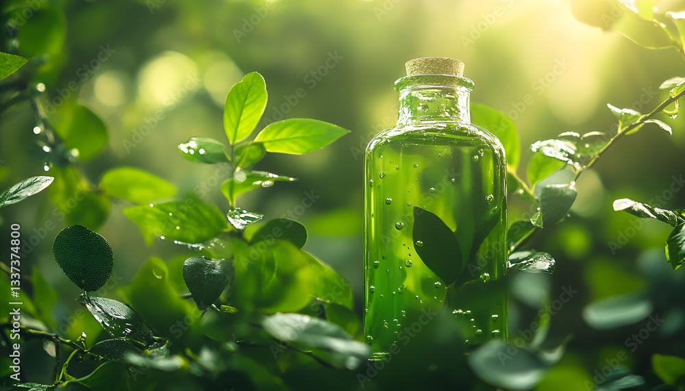 Droplet falling from plant into glass bottle. Herbal essence. Concept of organic products, essential oils, and alternative medicine. Light green