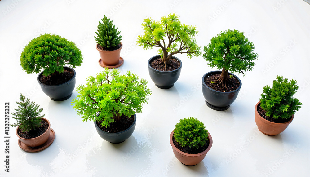Fototapeta premium Bonsai trees arranged neatly on white surface, harmony of nature