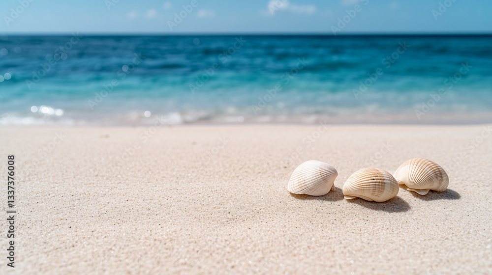 Close-up of three beautiful seashells resting on soft white sand with a calming ocean backdrop under a clear sky Close-up of three beautiful seashells resting on soft white sand with a calming ocean backdrop under a clear sky