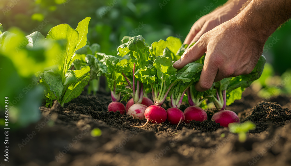 Elderly farmer hands picking red radishes in a vegetable garden. Concept of agricultural labor, farm produce, gardening, and harvesting Elderly farmer hands picking red radishes in a vegetable garden. Concept of agricultural labor, farm produce, gardening, and harvesting