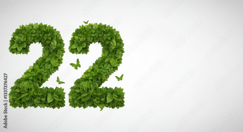 The number 22 formed from green leaves and butterflies, symbolizing International Day for Biological Diversity, promoting environmental awareness and conservation. The number 22 formed from green leaves and butterflies, symbolizing International Day for Biological Diversity, promoting environmental awareness and conservation.