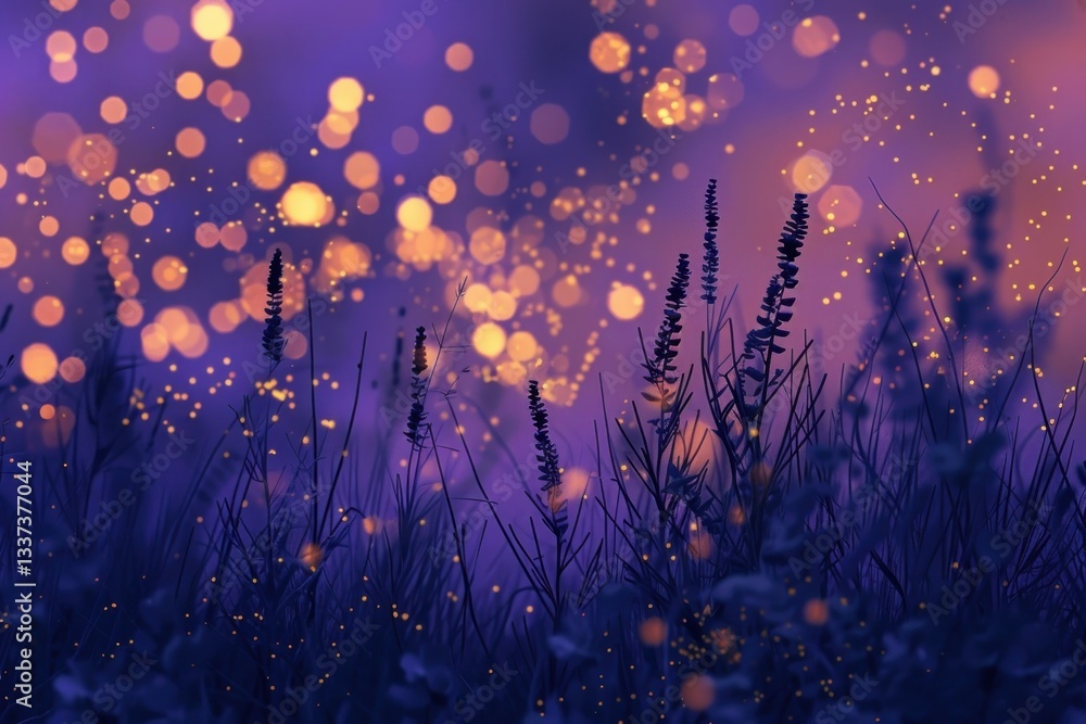 Fototapeta premium Magical twilight meadow with fireflies