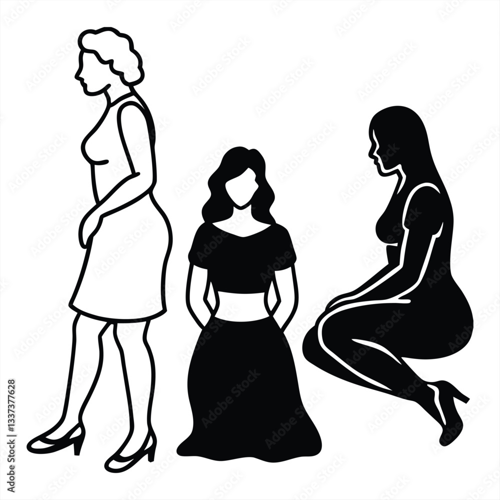 Silhouette of Modern Women: A minimalist illustration features a series of women silhouettes in various poses, capturing their elegance and diversity with clean lines and a modern aesthetic. Silhouette of Modern Women: A minimalist illustration features a series of women silhouettes in various poses, capturing their elegance and diversity with clean lines and a modern aesthetic.