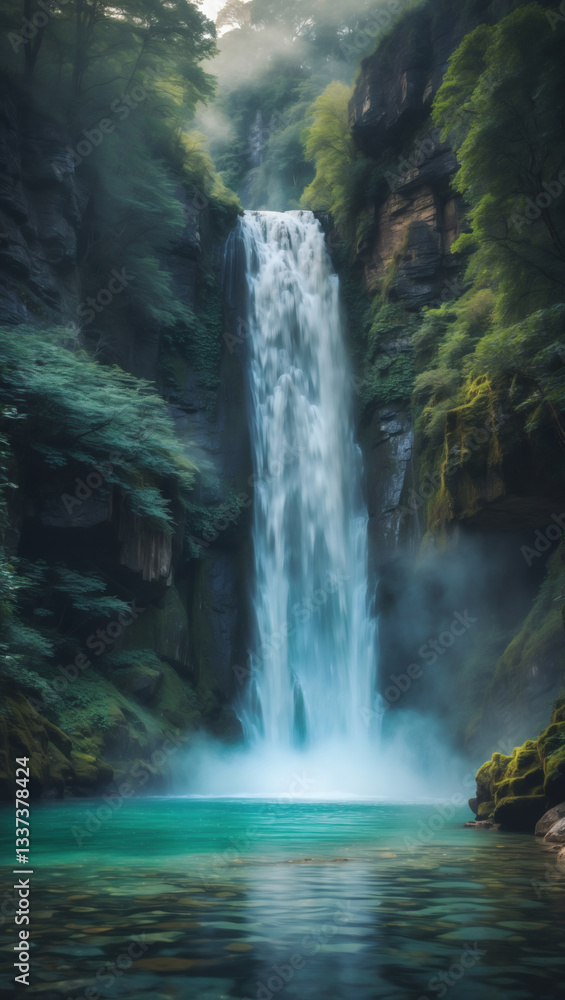 custom made wallpaper toronto digitalLush forest waterfall with teal water in a rocky, mossy environment, highlighting the beauty of the natural landscape.