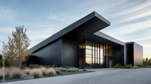 Wallpaper Mural industrial architecture, modern industrial warehouse with a stylish metal roof and simple landscaping, photographed in gentle afternoon light Torontodigital.ca