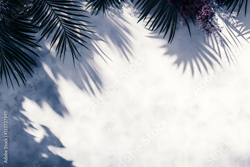 Tropical bright background with exotic painted tropical palm leaves creating shadow. Minimal fashion summer concept. Flat lay.