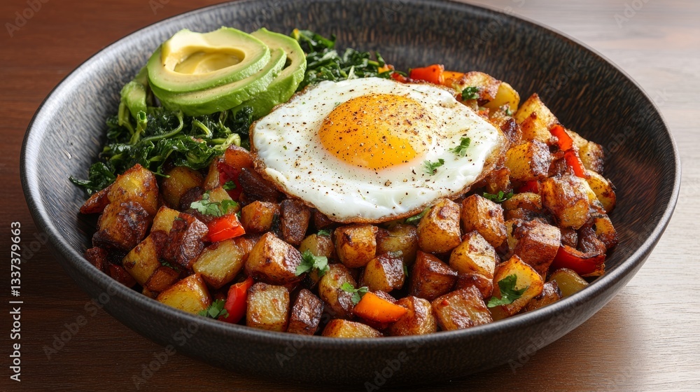 Delicious breakfast hash plate featuring crispy potatoes, caramelized onions, bell peppers, and topped with an egg and avocado, served with greens Delicious breakfast hash plate featuring crispy potatoes, caramelized onions, bell peppers, and topped with an egg and avocado, served with greens