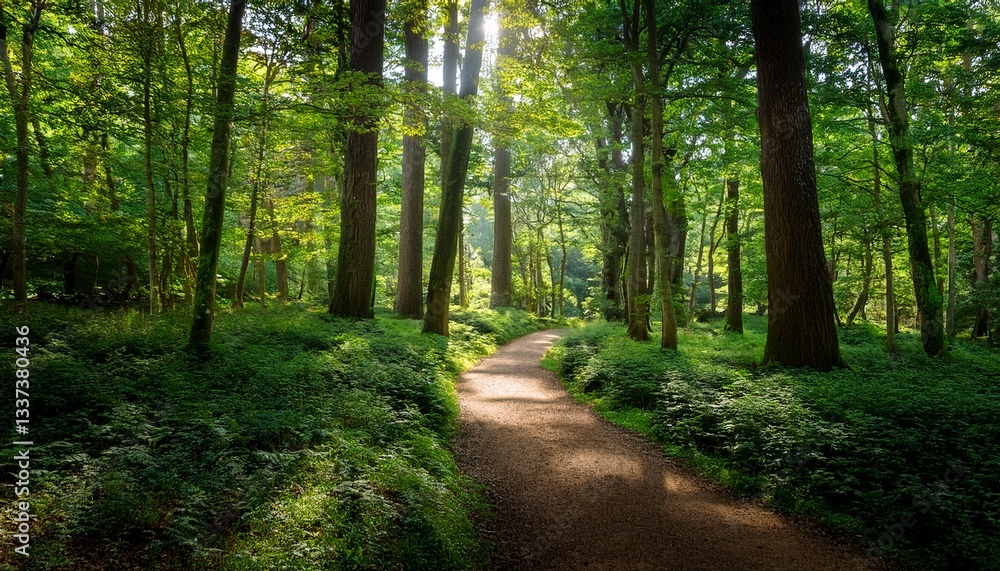 Naklejka premium kręta ścieżka gruntowa wije się przez bujny las otoczony wysokimi drzewami o intensywnie zielonych liściach, ścieżka jest otoczona zieloną trawą, przez którą prześwituje światło słoneczne