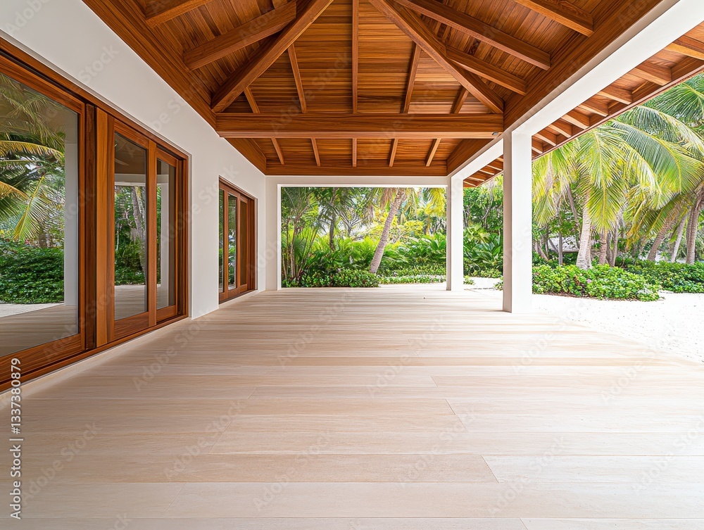 Fototapeta premium Modern tropical villa interior with wooden ceiling and large windows overlooking lush greenery