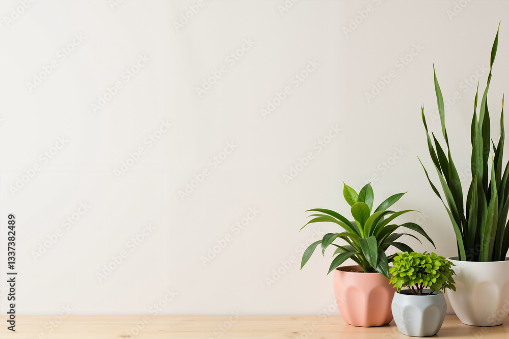 Fototapeta premium Potted plants creating a cozy atmosphere in a minimalist interior design with a wooden desk and white wall