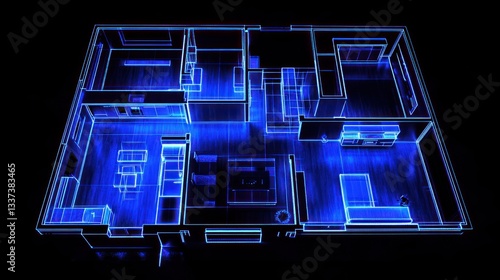 Interior Floorplan, Blue Neon Outline, Modern Home